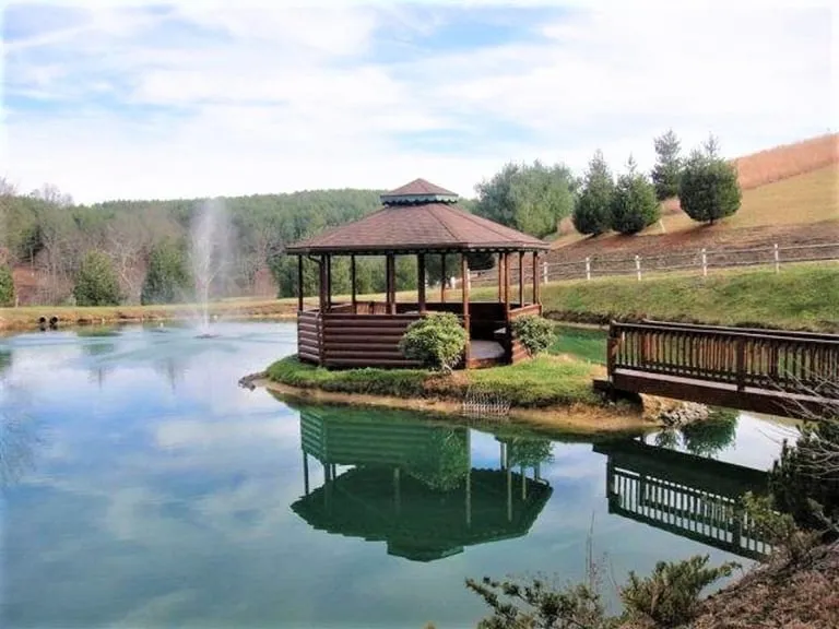 Wooden gazebo tucked among green trees